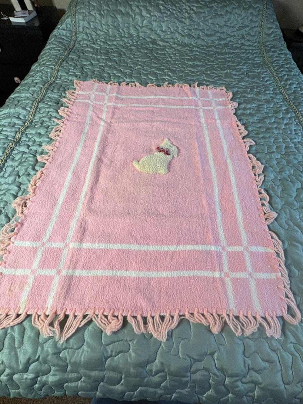 Vintage Baby Pepperell Crib Blanket with Embroidered dog